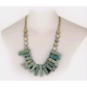 Costume Faux Turquoise/Goldtone Look Bib Necklace Lobster Clasp Heavy Stones 24"